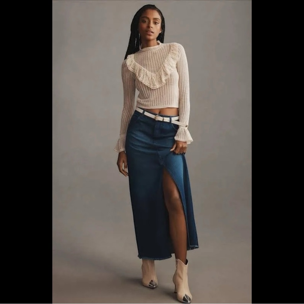 Anthropologie Pilcro The Madi Front Slit Dark Blue Denim Maxi‎ Skirt Raw Hem